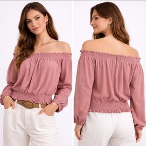 H&M Dusty Rose Off Shoulder Smocked Crop Blouse Size S Boho Romantic Western